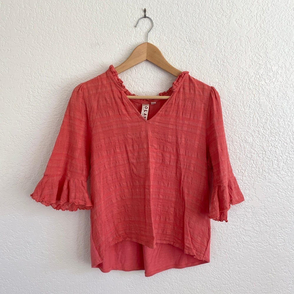 Anthropologie Dolan Tandy Ruffled Top V-Neck 3/4 Sleeve Coral Textured Top Small